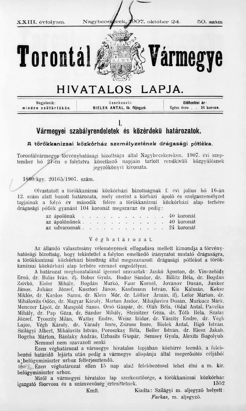 Torontál Vármegye Hivatalos Lapja, 23. évf. 1907. október 24. 50. sz.