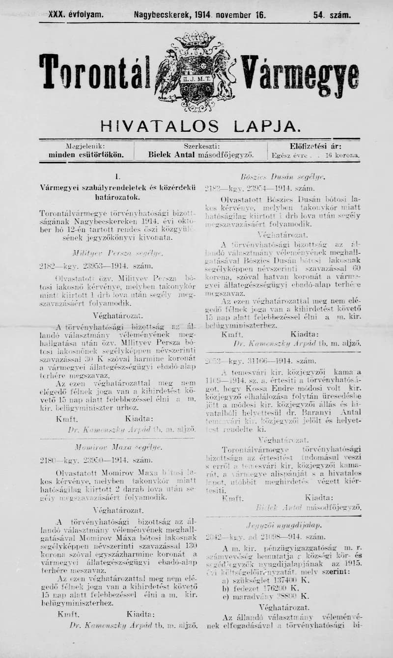 Torontál Vármegye Hivatalos Lapja, 30. évf. 1914. november 16. 54. sz.