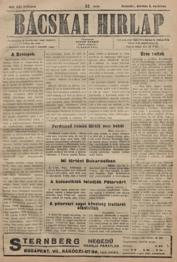 Bácskai Hirlap, 22. évf. 1918. március 3. 52. sz.