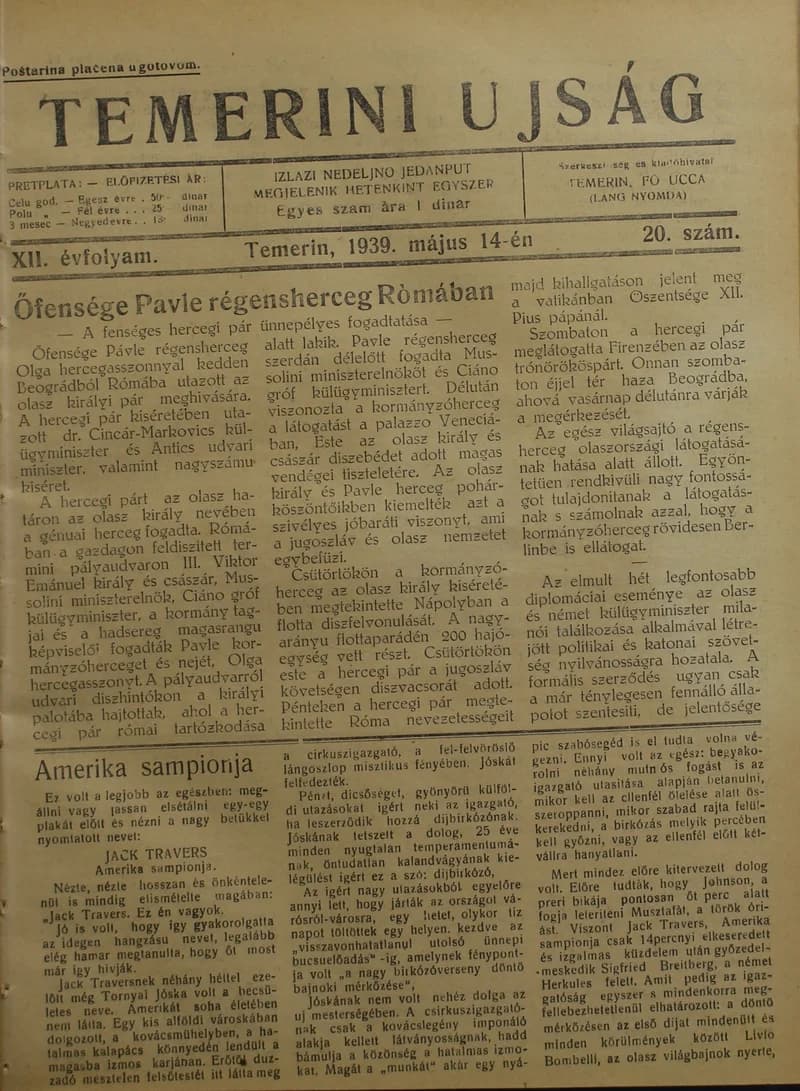 Temerini Újság 1928-1944, 12. évf. 1939. május 14. 20. sz.