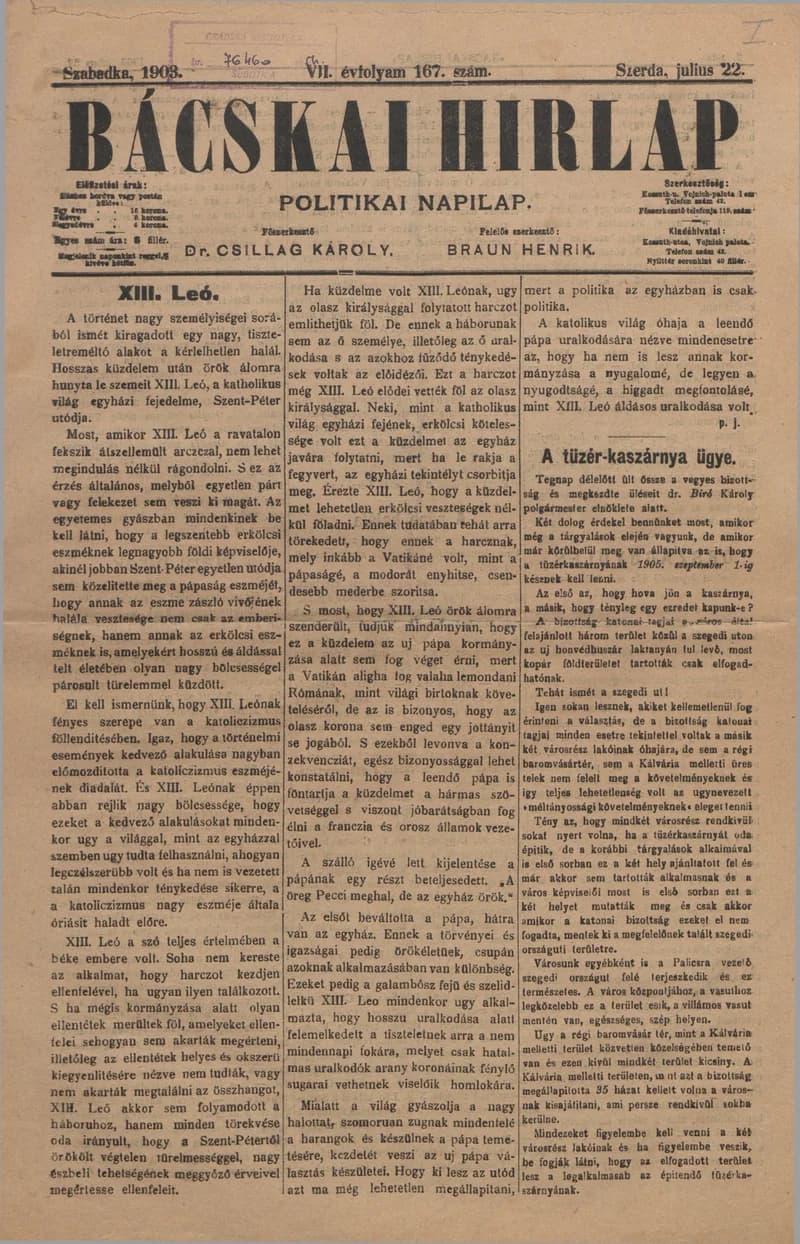 Bácskai Hirlap, 7. évf. 1903. július 22. 167. sz.
