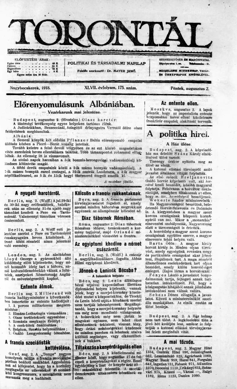 Torontál, 47. évf. 1918. augusztus 2. 175. sz.