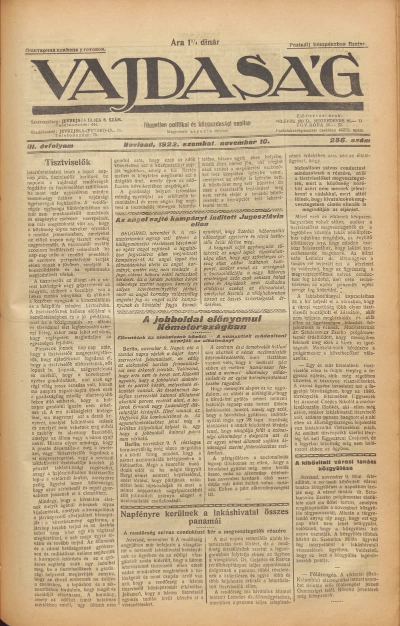 Vajdaság, 3. évf. 1923. november 10. 256. sz.