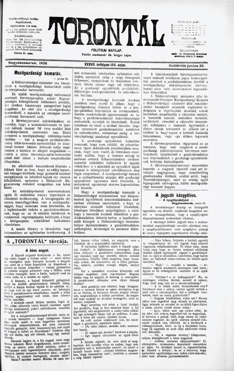 Torontál, 37. évf. 1908. június 25. 144. sz.