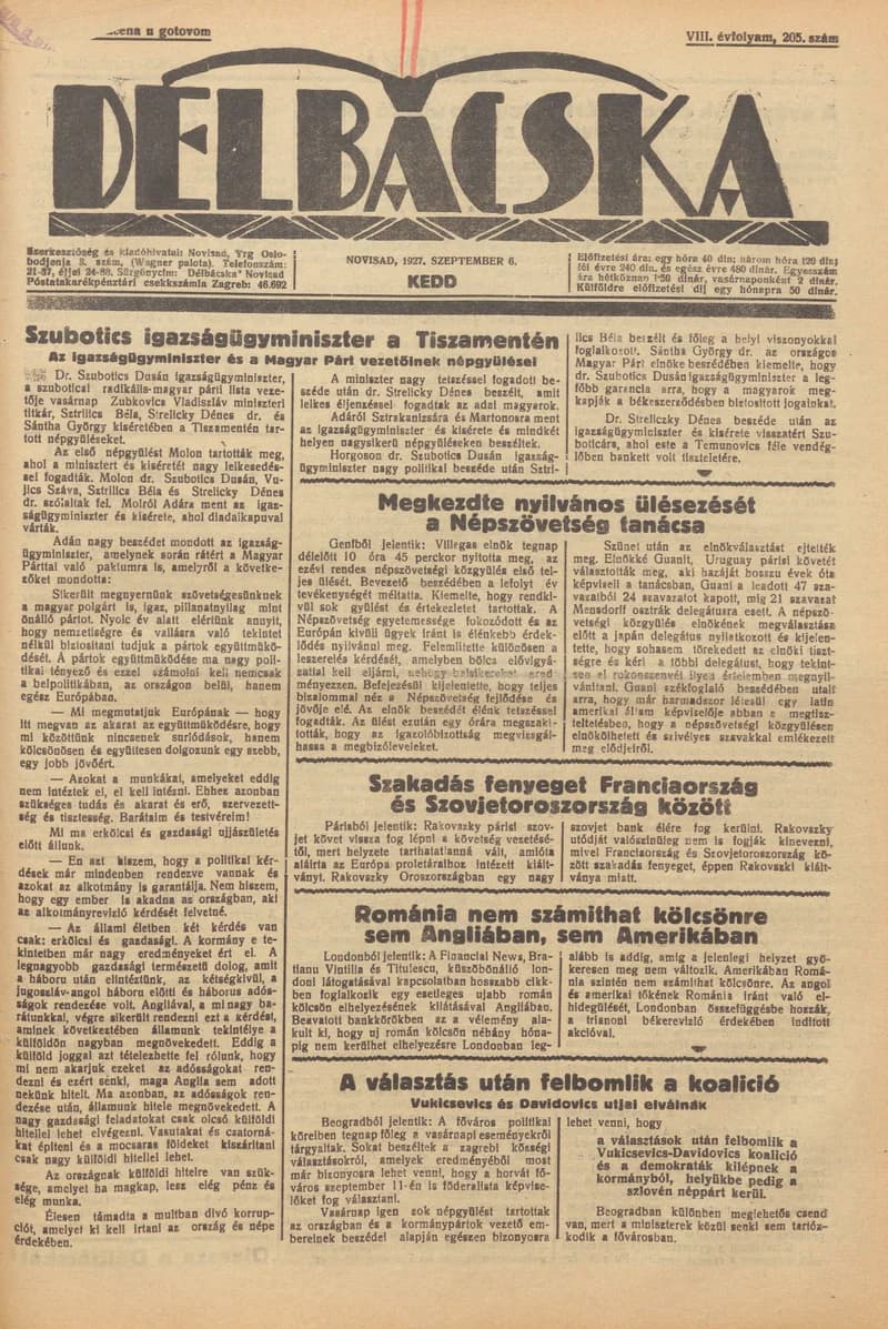 Délbácska, 8. évf. 1927. szeptember 6. 205. sz.