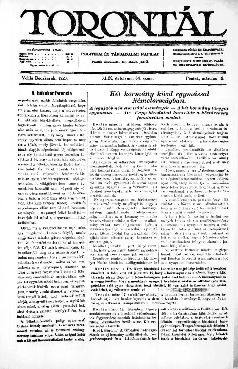 Torontál, 49. évf. 1920. március 19. 64. sz.