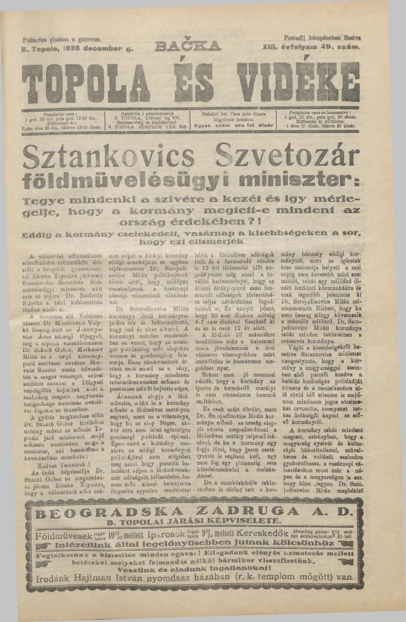 Bačka Topola és Vidéke, 13. évf. 1936. december 6. 49. sz.