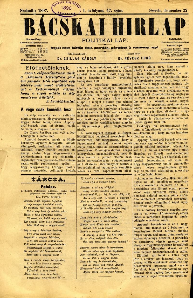 Bácskai Hirlap, 1. évf. 1897. december 22. 47. sz. 1–4. oldal