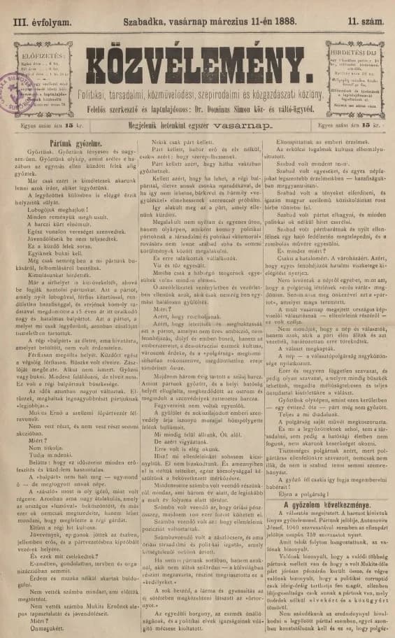 Közvélemény, 3. évf. 1888. március 11. 11. sz.