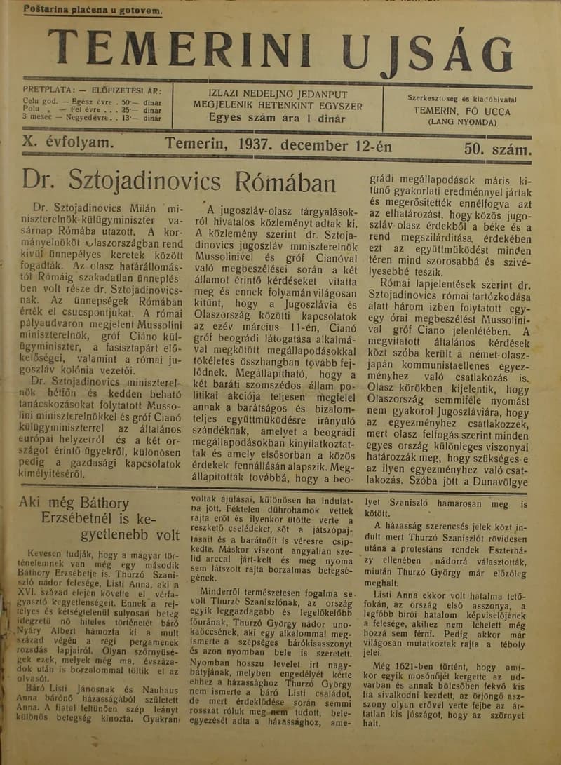 Temerini Újság 1928-1944, 10. évf. 1937. december 12. 50. sz.