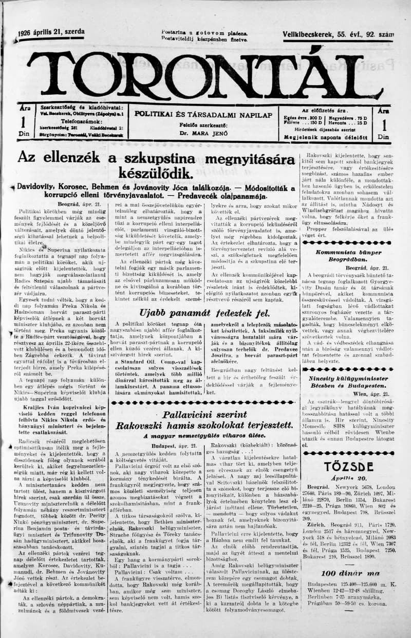 Torontál, 55. évf. 1926. április 21. 92. sz.
