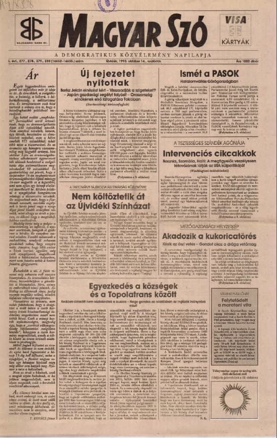 Magyar Szó, 50. évf. 1993. október 14. 277–280. sz. 1–16. oldal