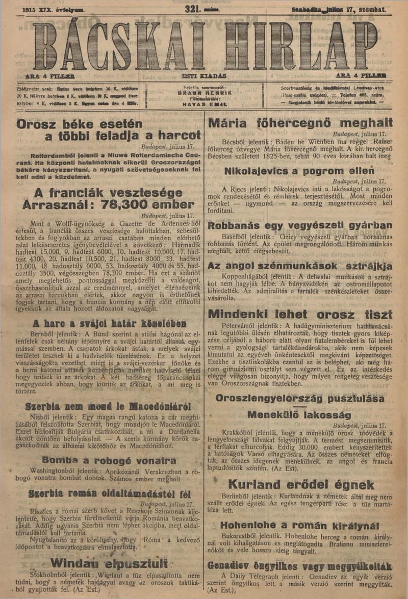 Bácskai Hirlap, 19. évf. 1915. július 17. 321. sz.