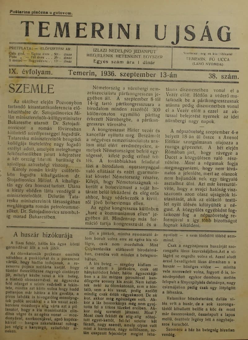 Temerini Újság 1928-1944, 9. évf. 1936. szeptember 13. 38. sz.