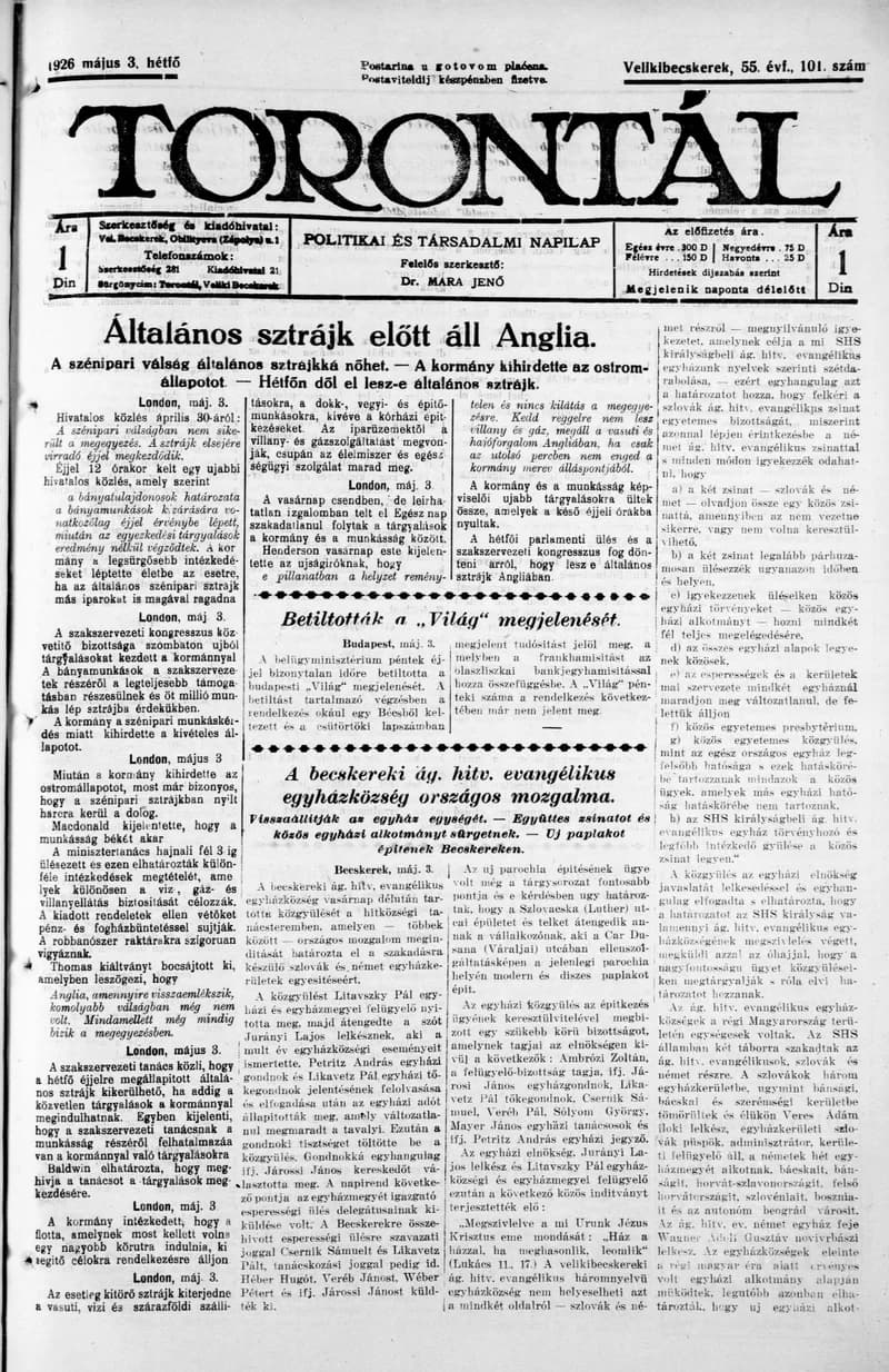 Torontál, 55. évf. 1926. május 3. 101. sz.