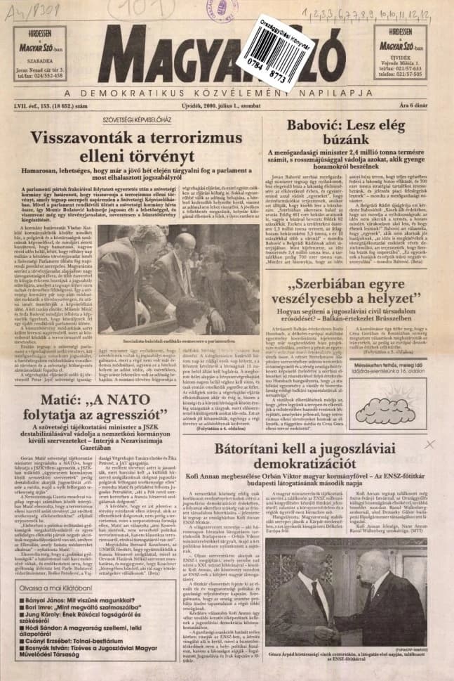 Magyar Szó, 57. évf. 2000. július 1. 153. sz. 1–16. oldal