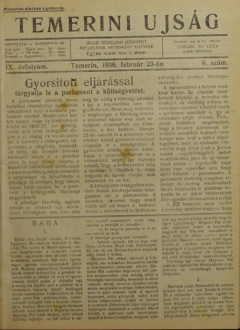 Temerini Újság 1928-1944, 9. évf. 1936. február 23. 9. sz.