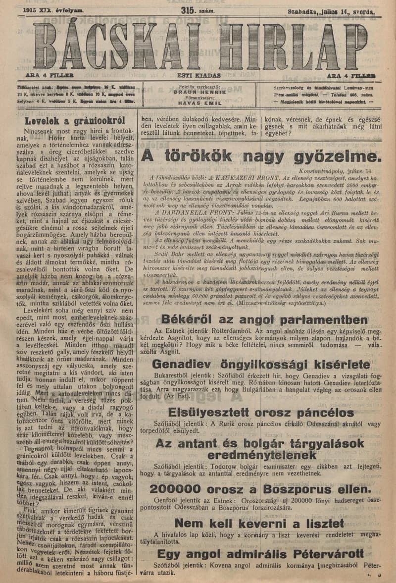 Bácskai Hirlap, 19. évf. 1915. július 14. 315. sz.