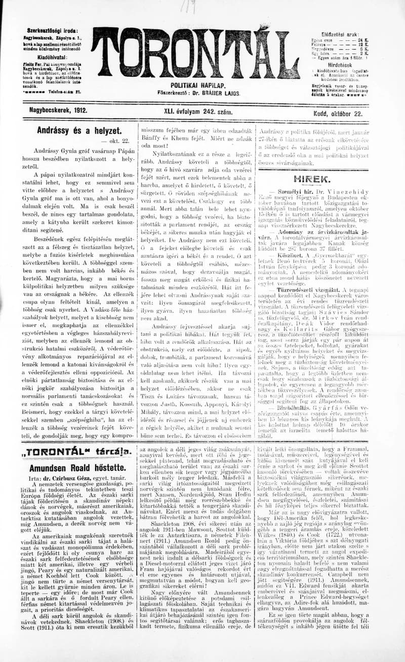 Torontál, 41. évf. 1912. október 22. 242. sz.