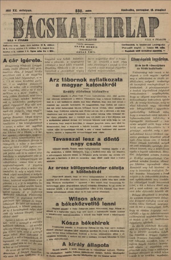Bácskai Hirlap, 20. évf. 1916. november 18. 530. sz.