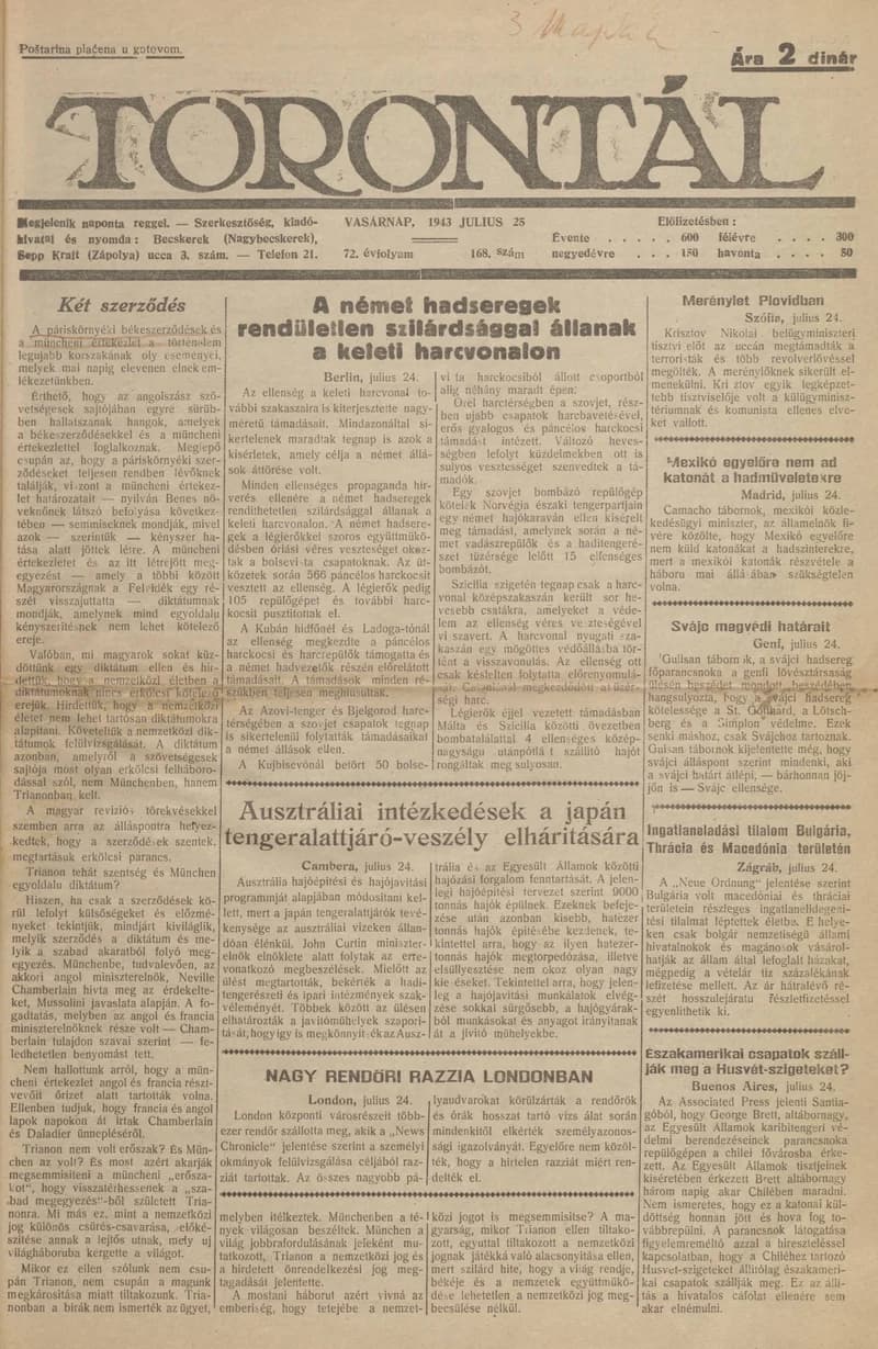 Torontál, 72. évf. 1943. július 25. 168. sz.