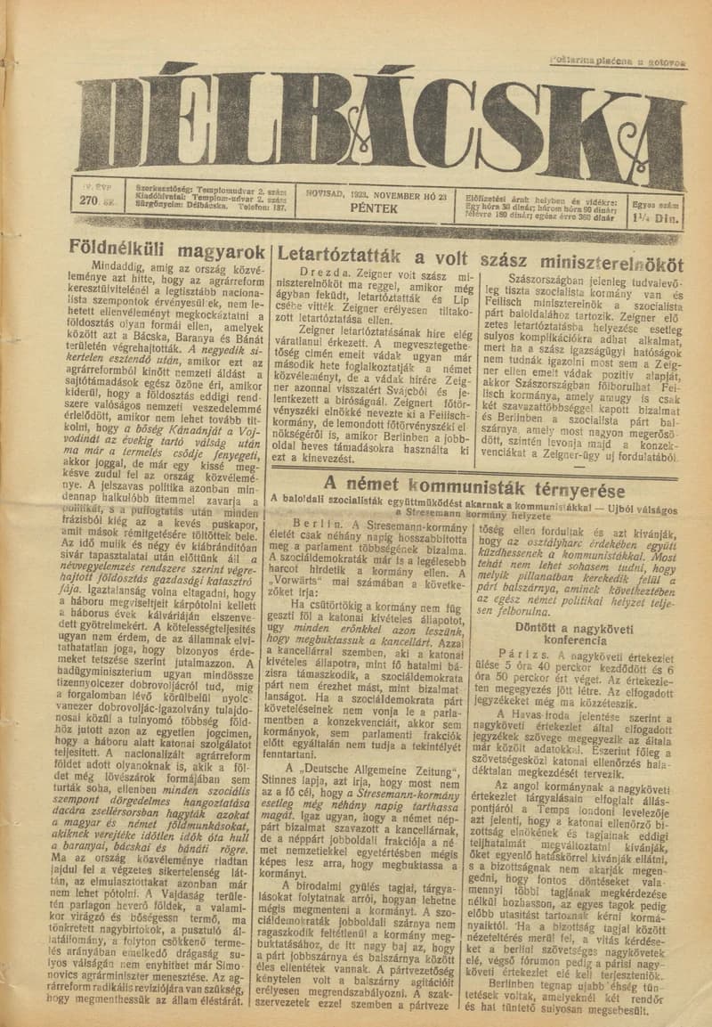 Délbácska, 4. évf. 1923. november 23. 270. sz.