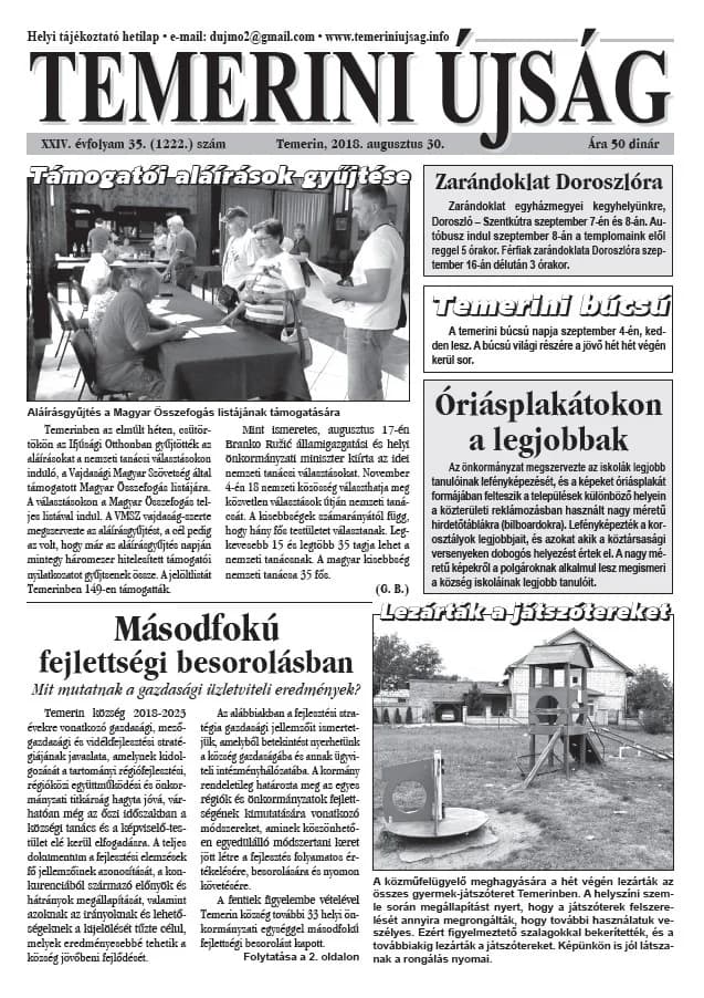 Temerini Újság, 24. évf. 2018. augusztus 30. 35. sz.