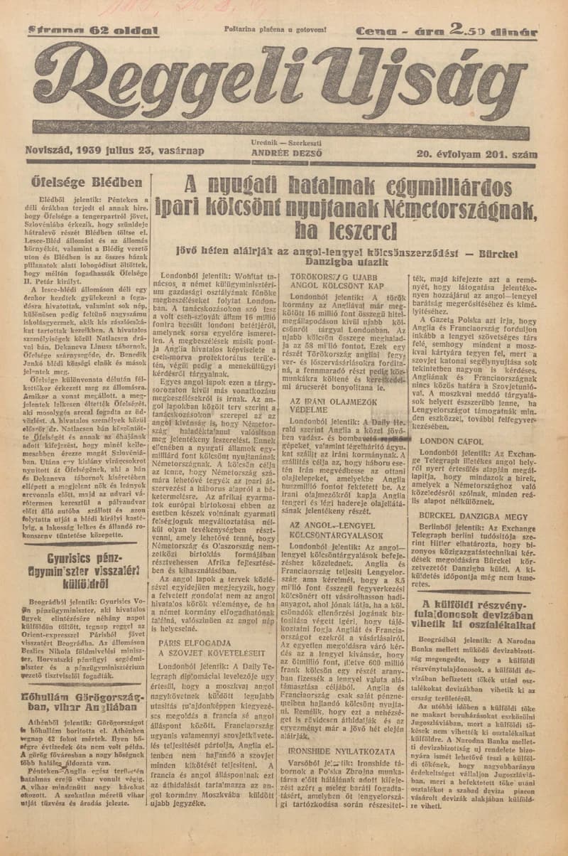 Reggeli Újság, 20. évf. 1939. július 23. 201. sz.