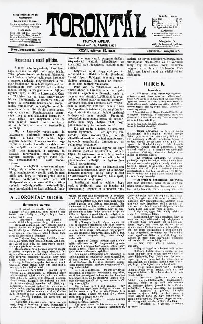 Torontál, 38. évf. 1909. május 27. 119. sz.