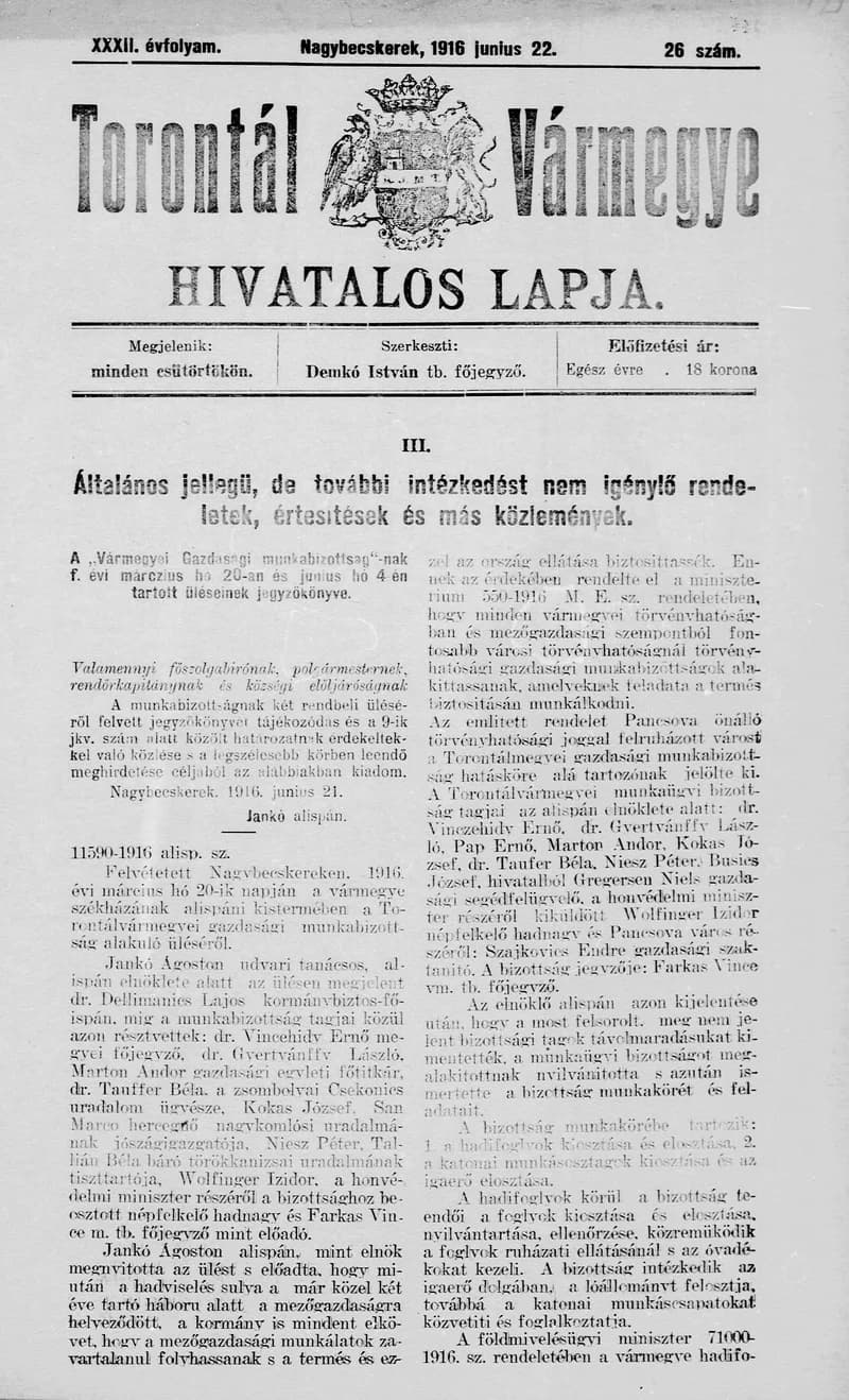 Torontál Vármegye Hivatalos Lapja, 32. évf. 1916. június 22. 26. sz.