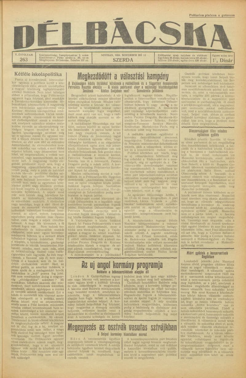 Délbácska, 5. évf. 1924. november 12. 263. sz.