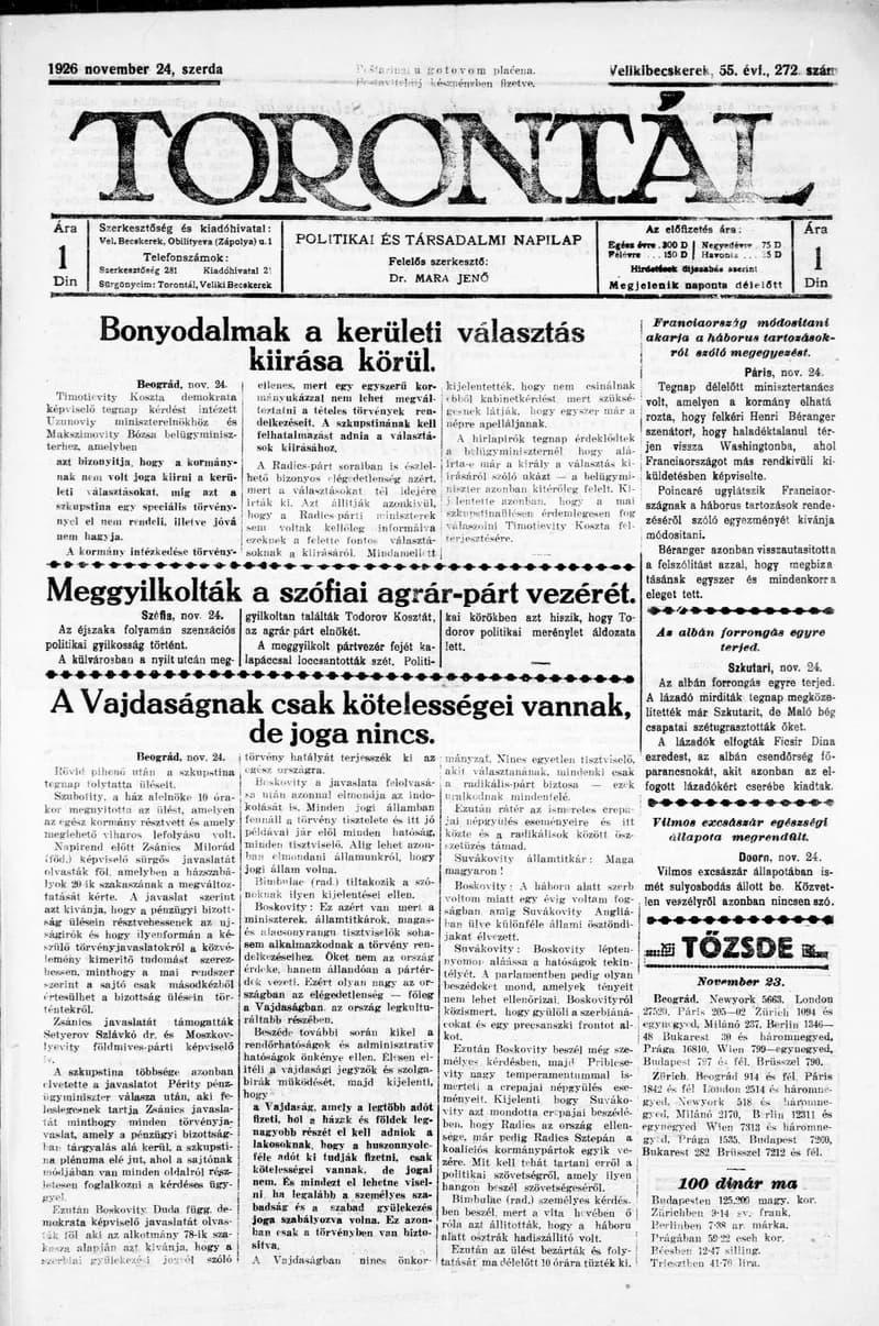 Torontál, 55. évf. 1926. november 24. 272. sz.