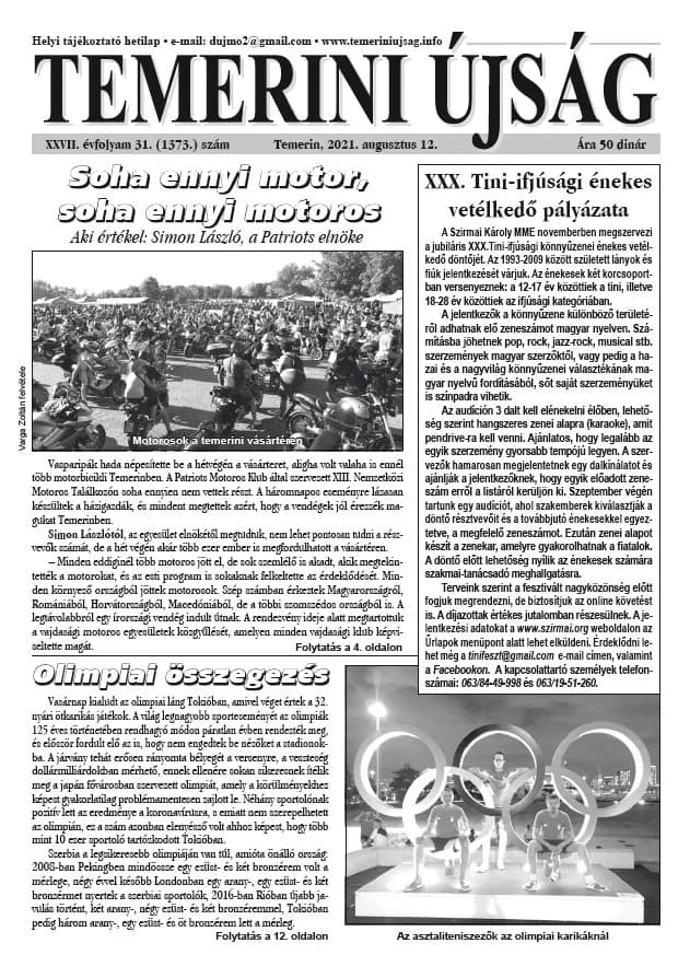 Temerini Újság, 27. évf. 2021. augusztus 12. 31. sz.
