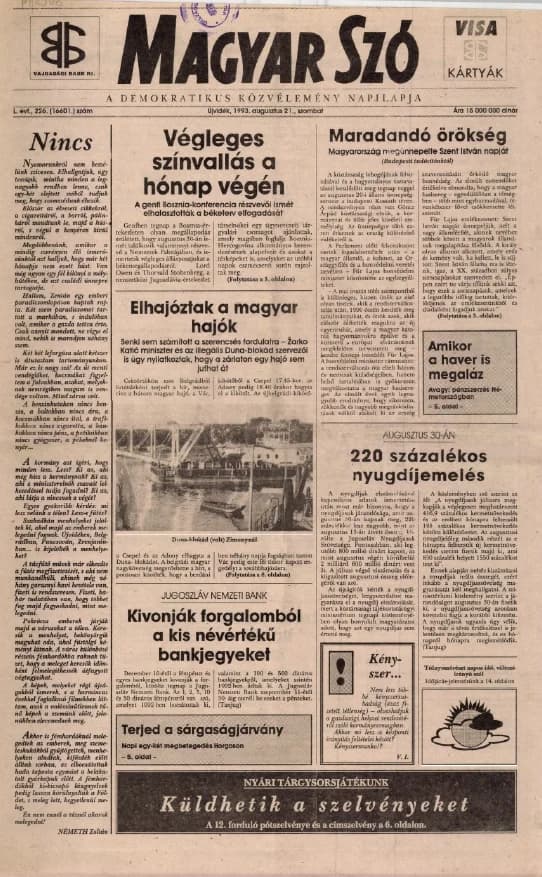 Magyar Szó, 50. évf. 1993. augusztus 21. 226. sz. 1–16. oldal