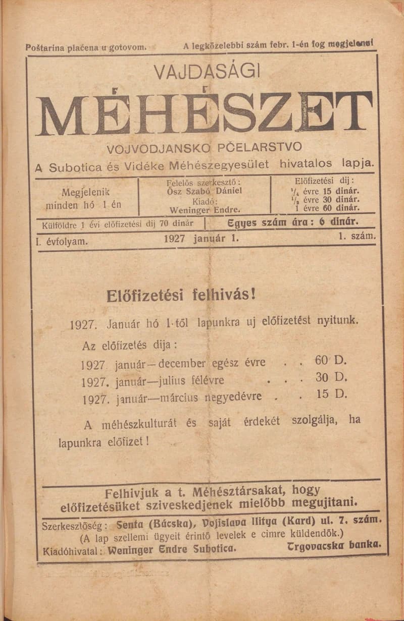 Vajdasági méhészet, 2. évf. 1927. január 1. 1. sz.