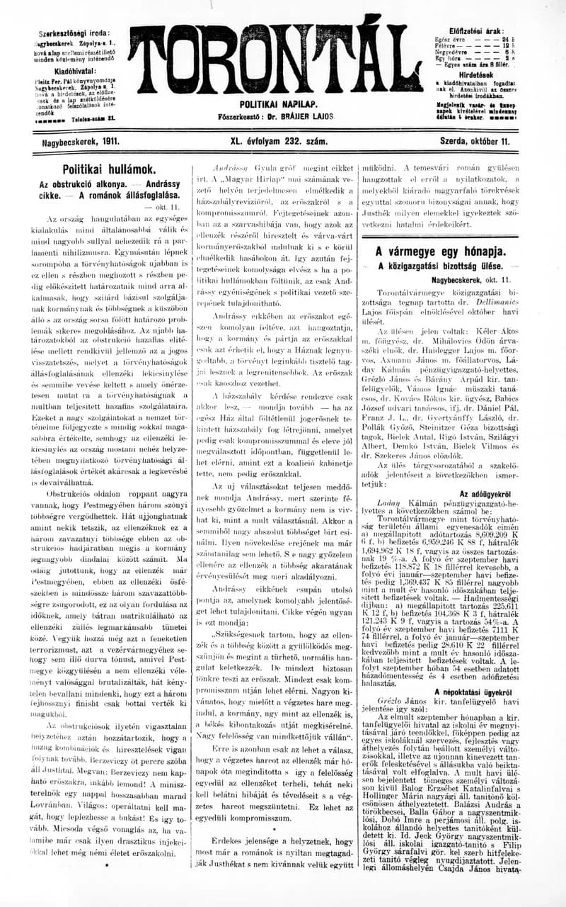 Torontál, 40. évf. 1911. október 11. 232. sz.