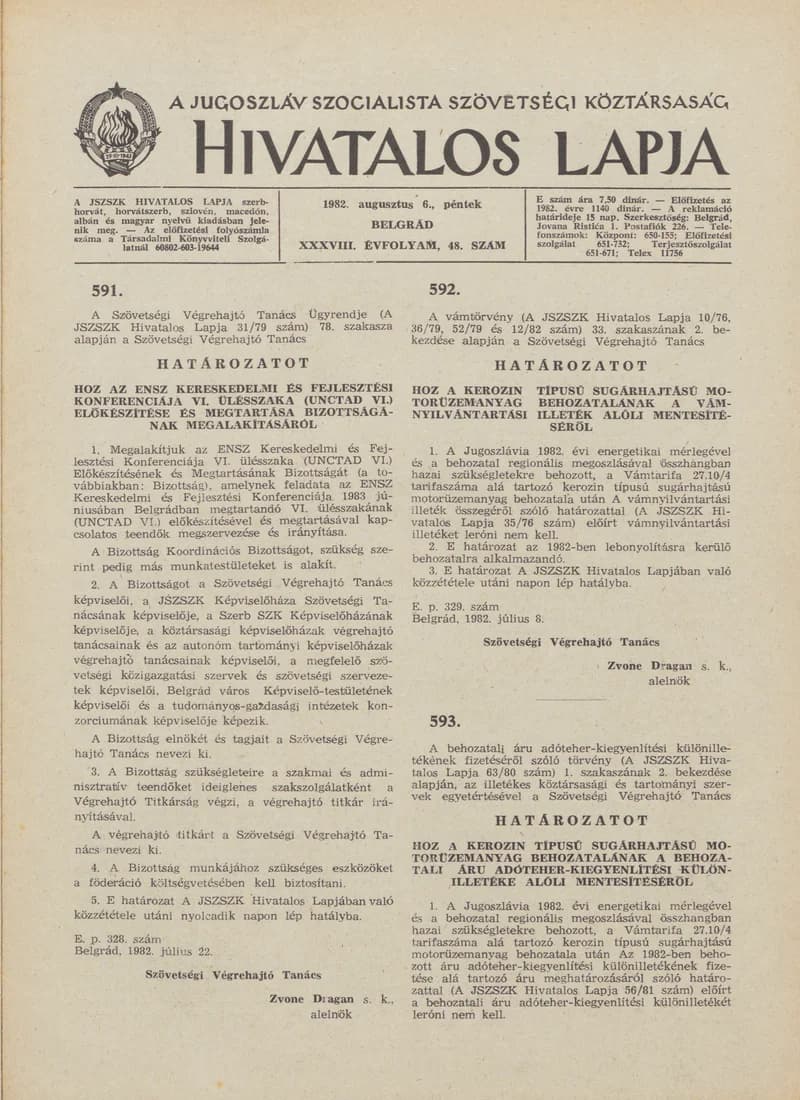 A Jugoszláv Szocialista Szövetségi Köztársaság Hivatalos Lapja, 38. évf. 1982. augusztus 6. 48. sz. 1229–1240. oldal