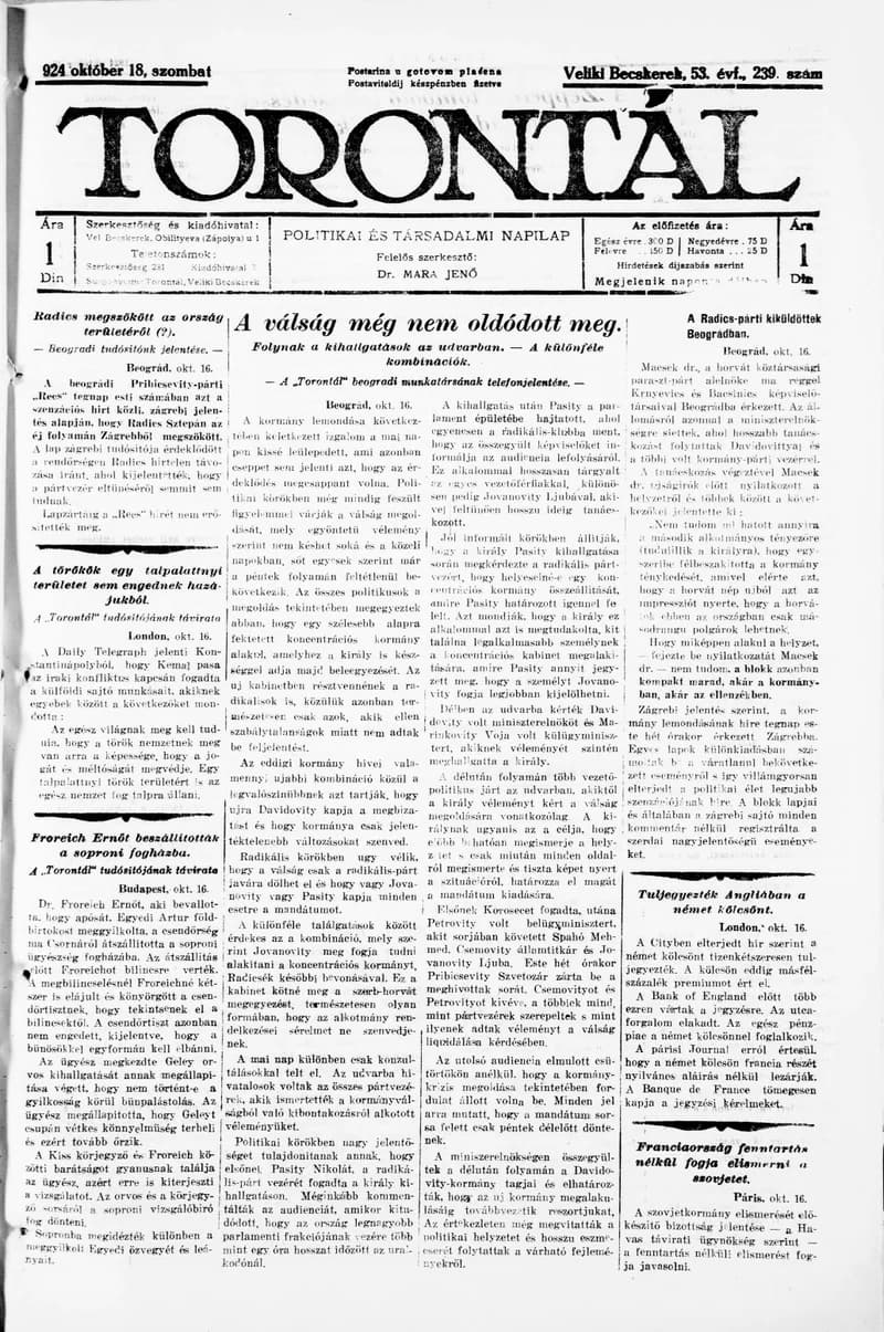Torontál, 53. évf. 1924. október 18. 239. sz.