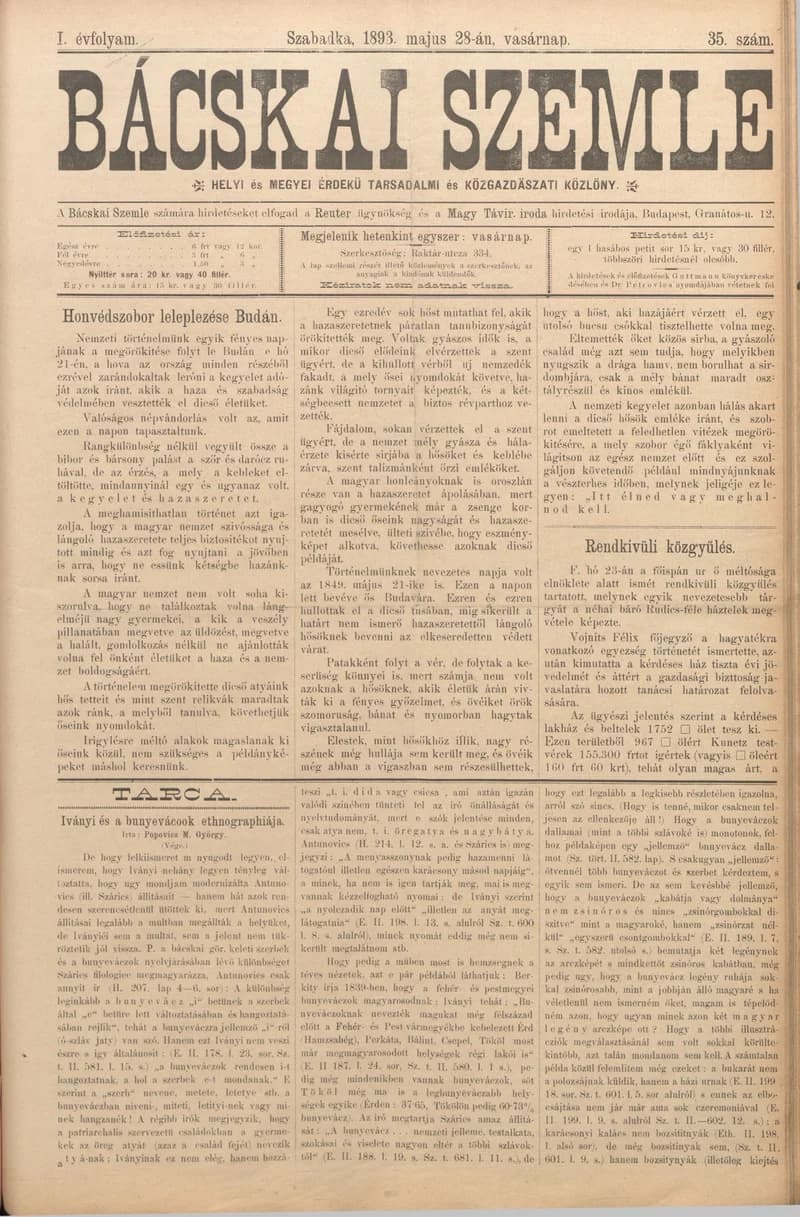 Bácskai Szemle, 1. évf. 1893. május 28. 35. sz.