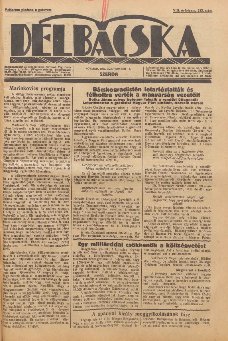 Délbácska, 8. évf. 1927. szeptember 14. 213. sz.