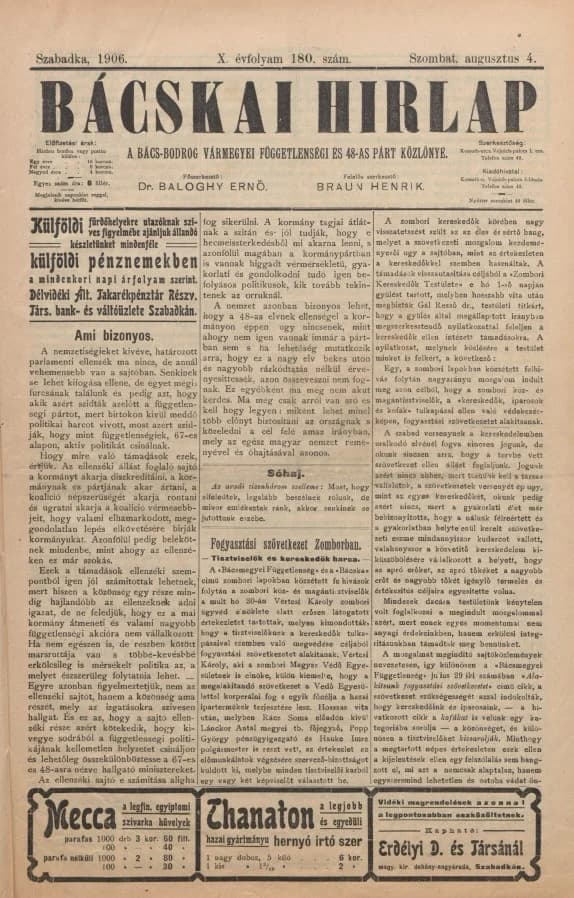 Bácskai Hirlap, 10. évf. 1906. augusztus 4. 180. sz.