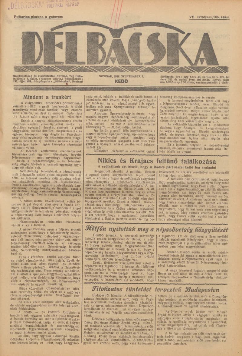 Délbácska, 7. évf. 1926. szeptember 7. 206. sz.