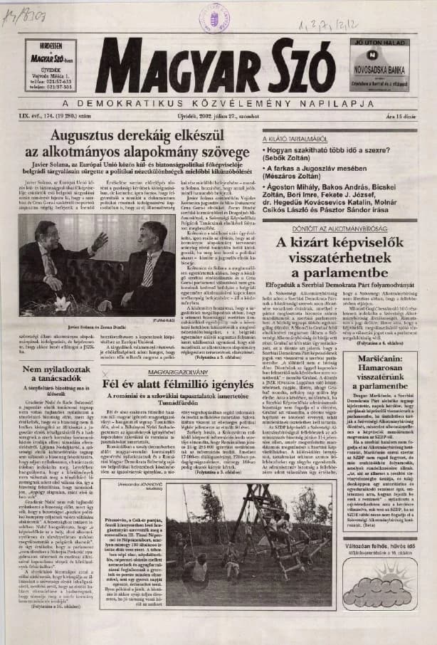 Magyar Szó, 59. évf. 2002. július 27. 174. sz. 1–16. oldal