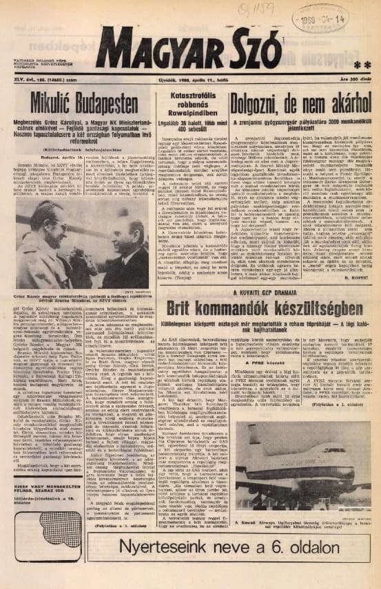 Magyar Szó, 45. évf. 1988. április 11. 100. sz. 1–20. oldal