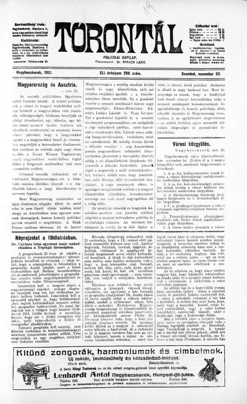 Torontál, 41. évf. 1912. november 23. 269. sz.