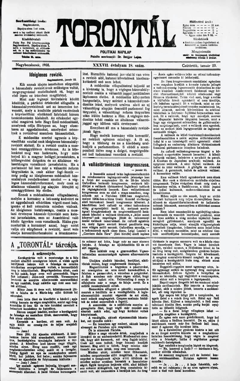 Torontál, 37. évf. 1908. január 23. 18. sz.