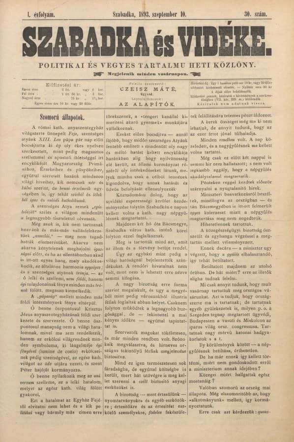 Szabadka és vidéke II, 2. évf. 1893. szeptember 10. 30. sz.