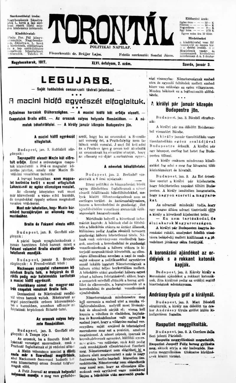 Torontál, 46. évf. 1917. január 3. 2. sz.