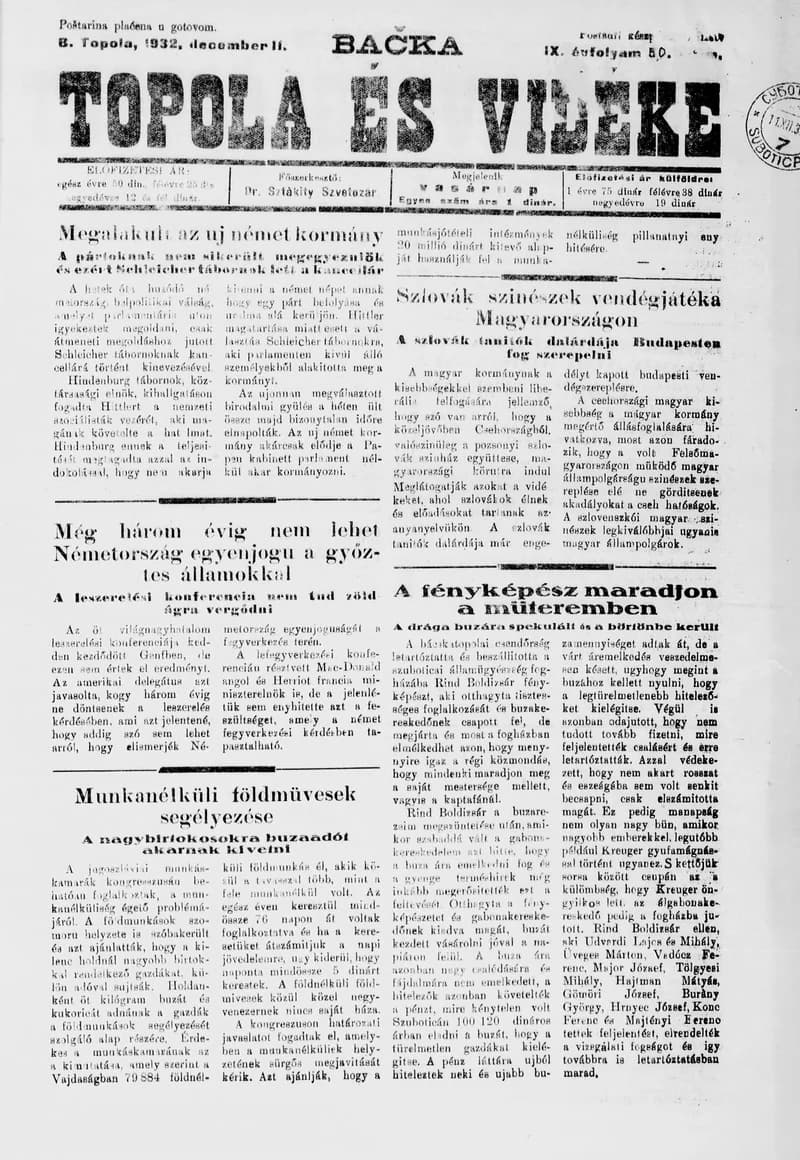 Bačka Topola és Vidéke, 9. évf. 1932. december 11. 50. sz.