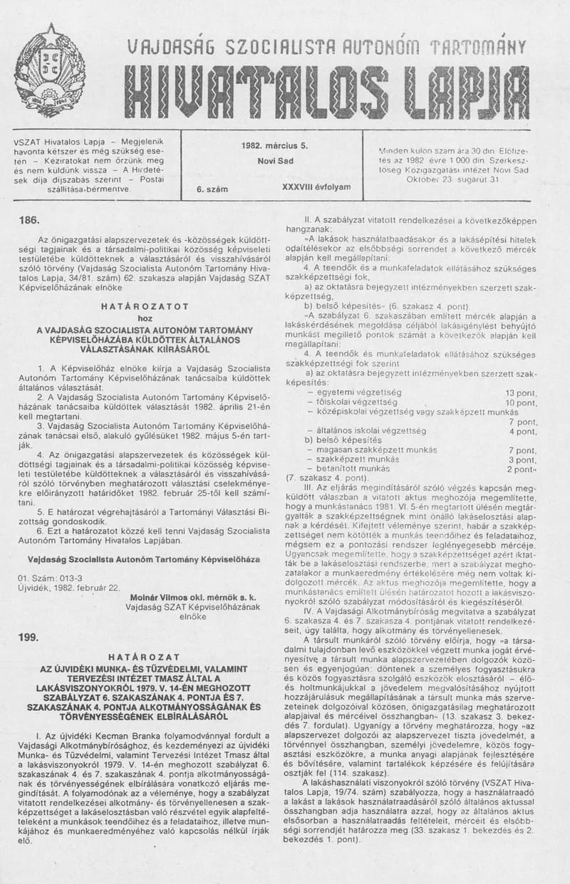 Vajdaság Szocialista Autonóm Tartomány Hivatalos Lapja, 38. évf. 1982. március 5. 6. sz.